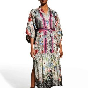 Johnny Was Silk Floral Kimono Dress with Pink Accents